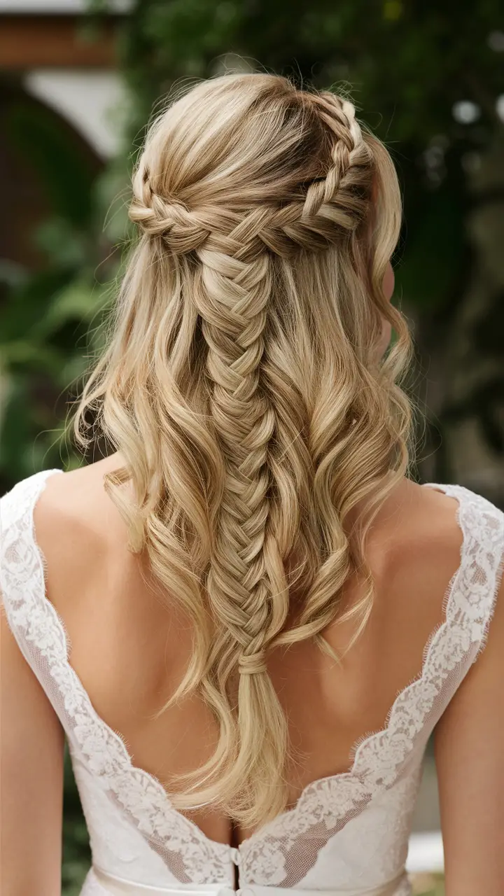 Fishtail braid with cascading waves, trendy bridal look