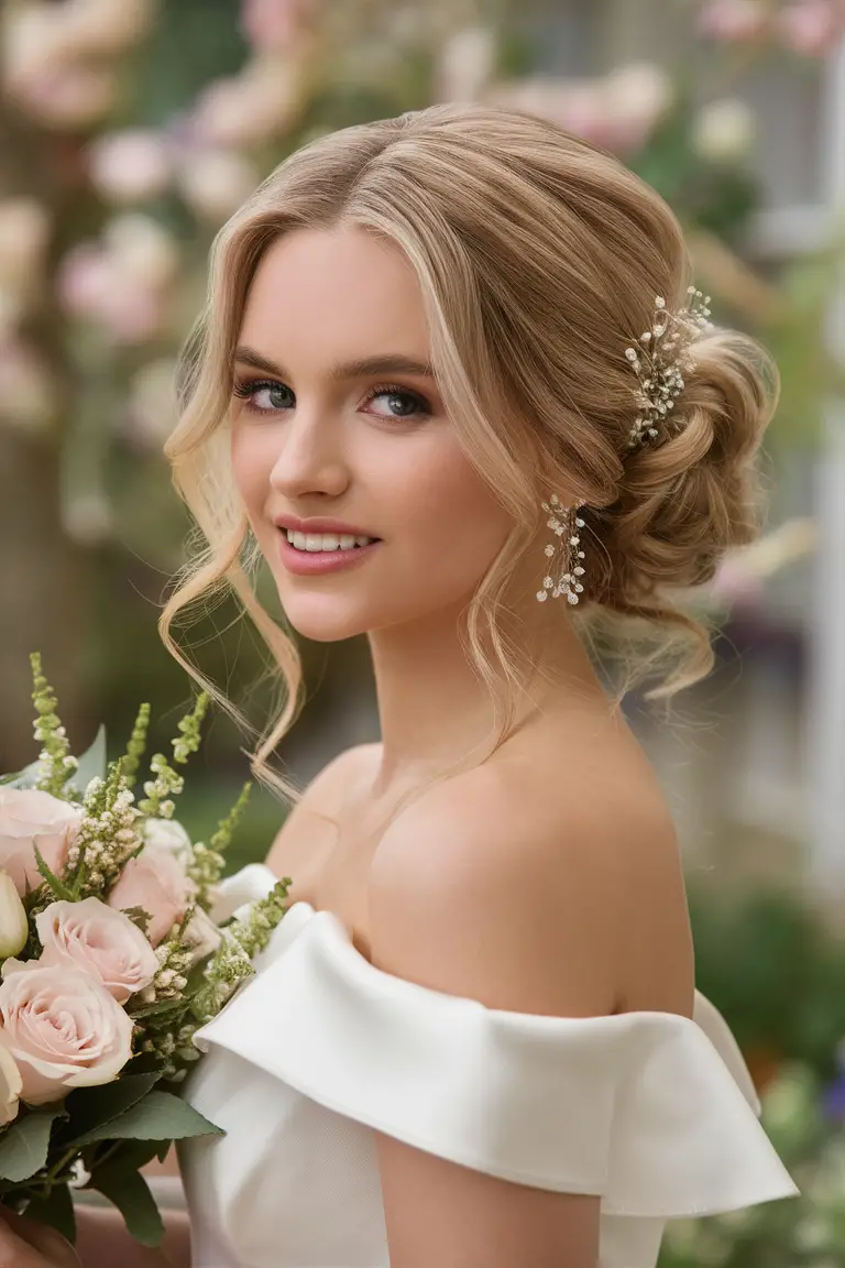 Classic romantic updo with soft curls, elegant bridal style