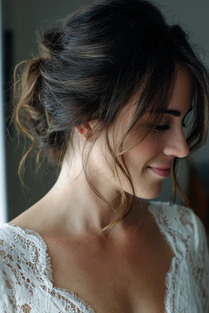 Effortless loose updo with face-framing tendrils, relaxed bridal hairstyle
