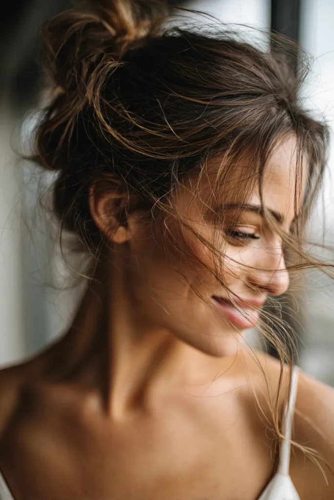 Casual chic bun with loose strands, modern bridal hairstyle
