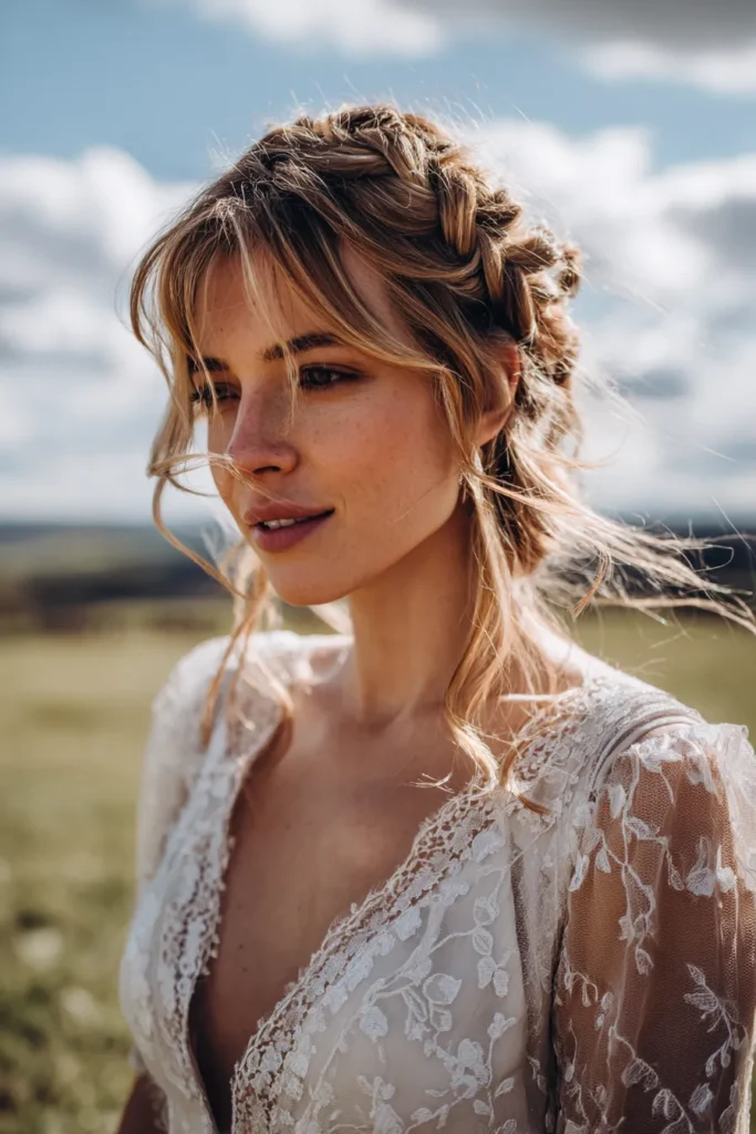 Bohemian braided crown with loose waves, romantic wedding style