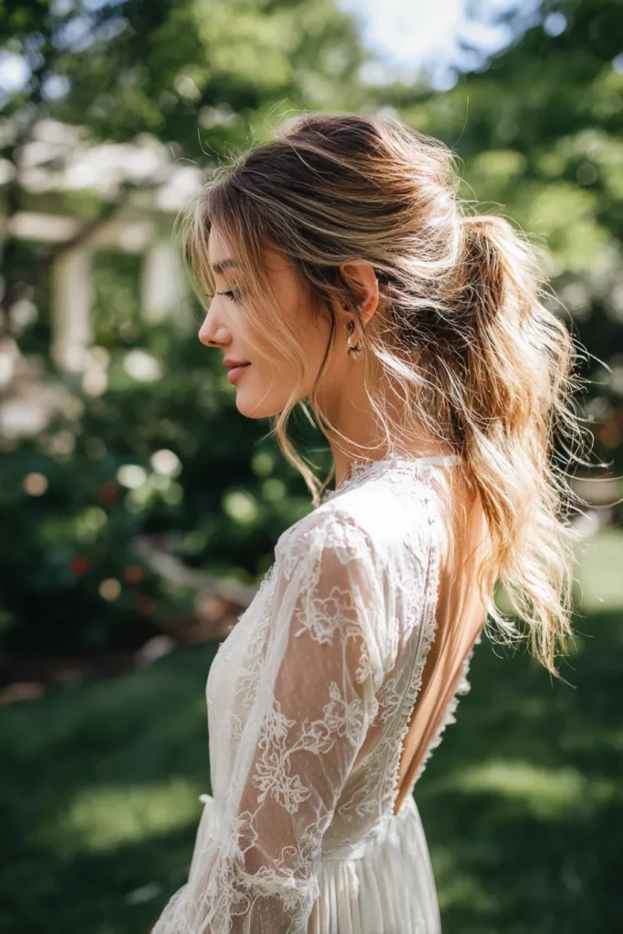 Textured ponytail with soft waves, bohemian bridal hairstyle