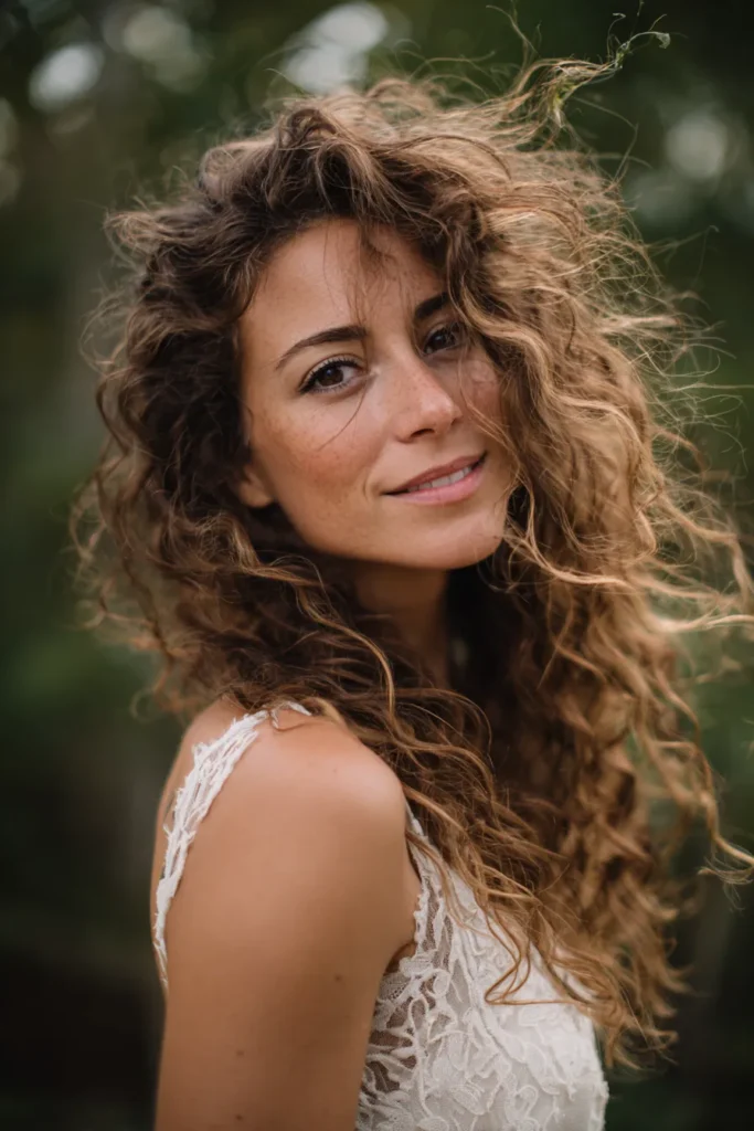 Natural curly hairstyle, effortless bridal look