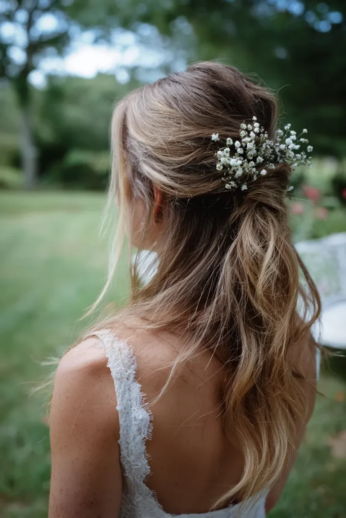 Rustic half-up hairstyle with floral accents, romantic bridal look