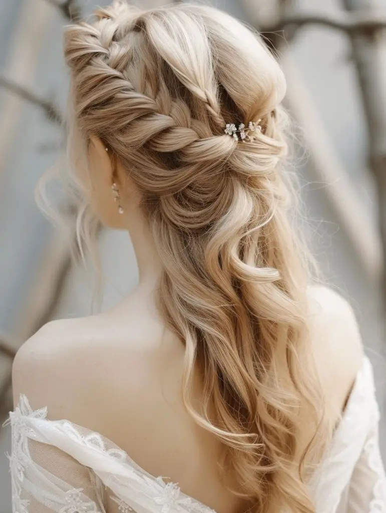 Intricate twisted half-updo with cascading waves, elegant bridal hairstyle