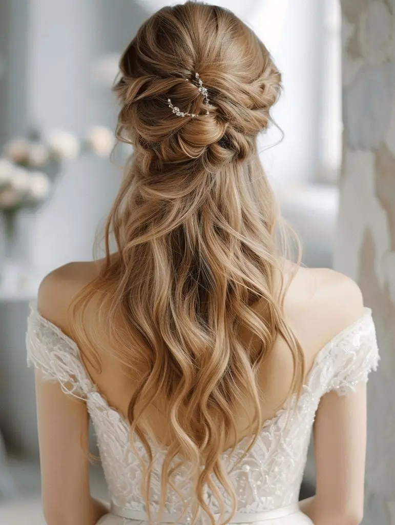 Soft waves with twisted crown and jeweled hairpin, romantic bridal style