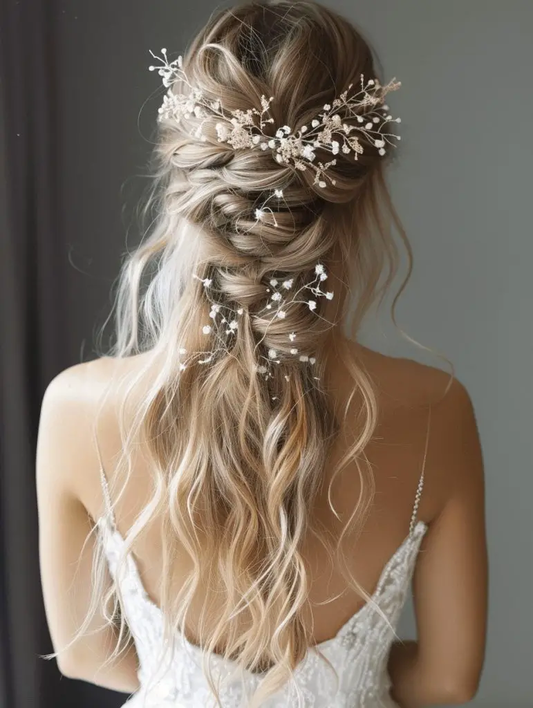 Whimsical twisted braids with floral accents, bohemian wedding hairstyle
