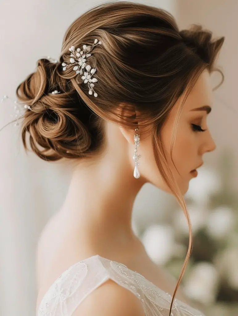 Ornate twisted bun with jeweled hairpins, elegant bridal hairstyle