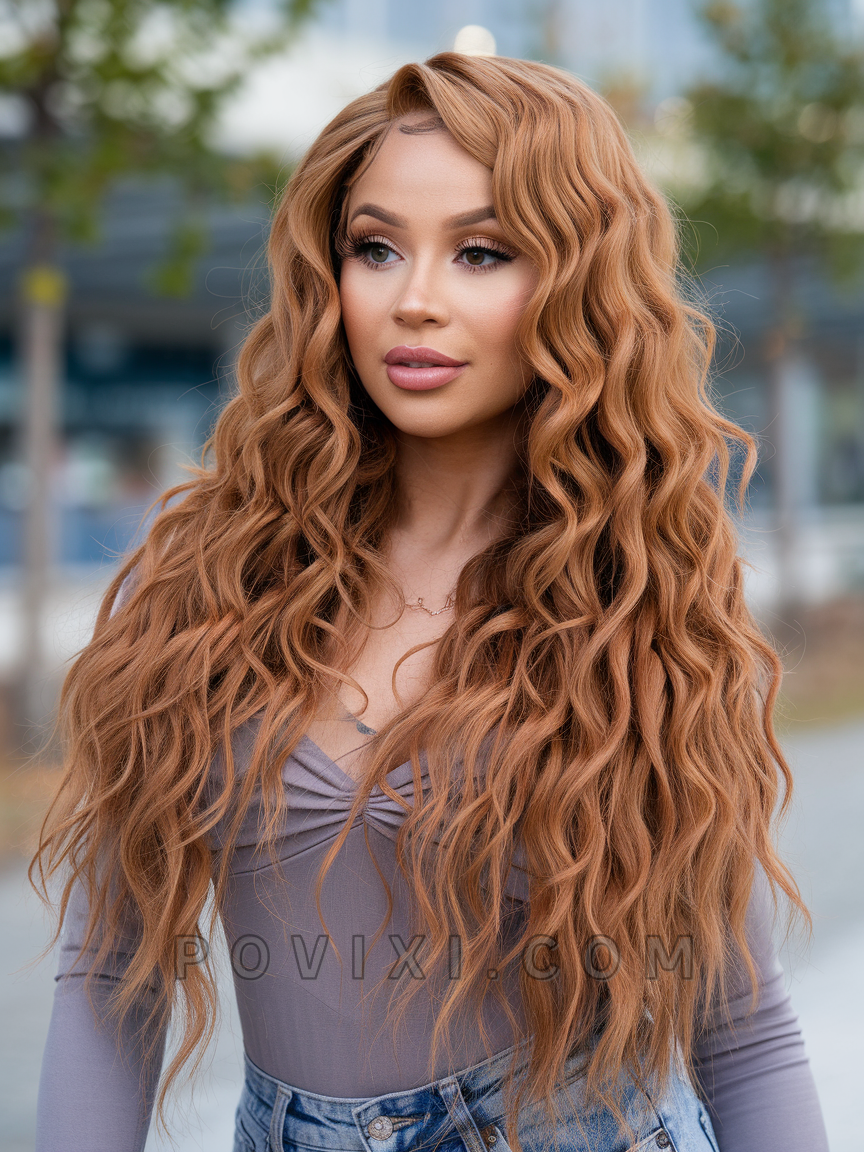 Long strawberry blonde hair with voluminous waves