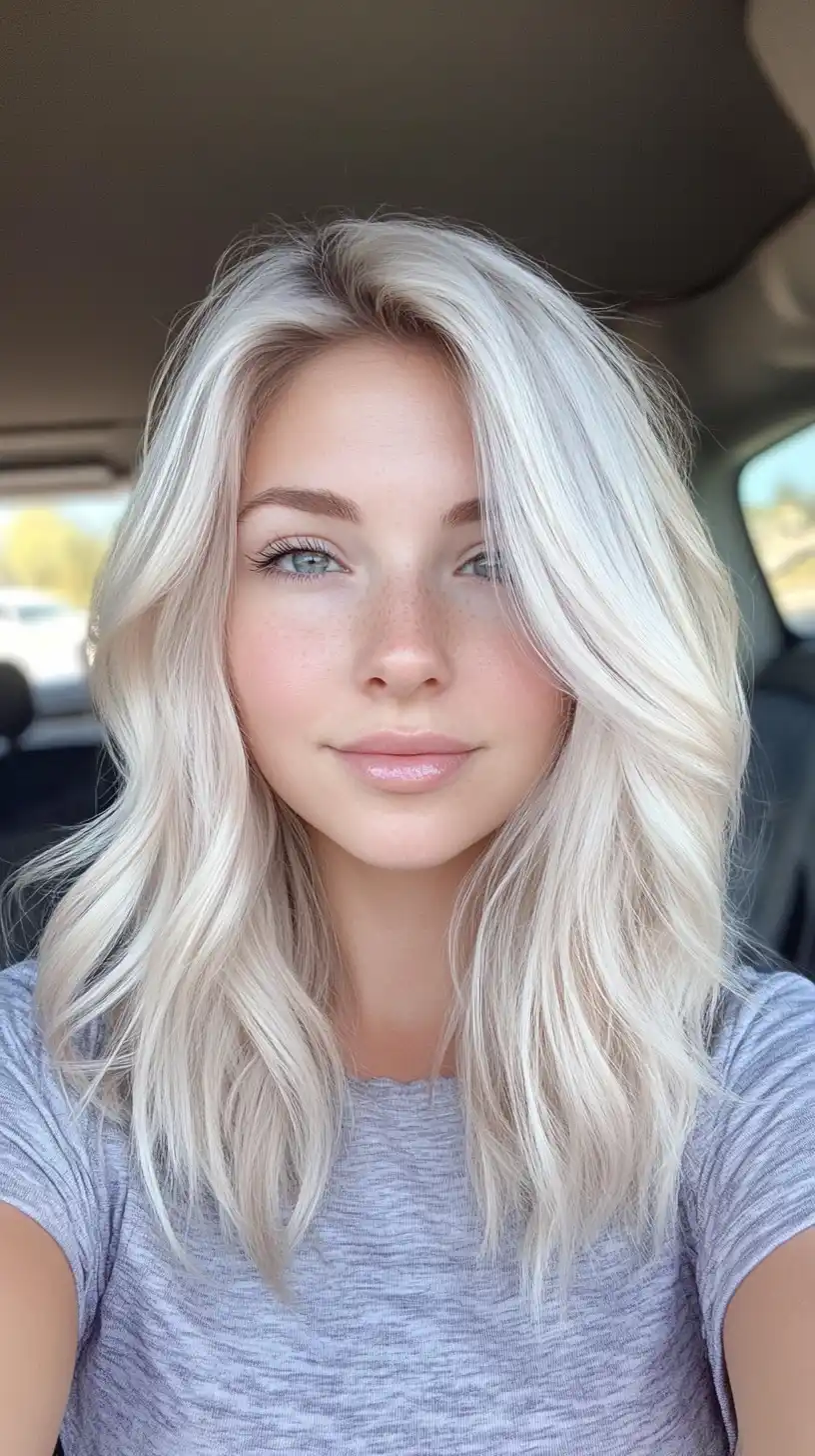 Medium-length platinum blonde hair with soft waves