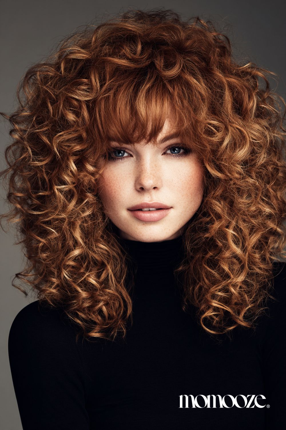 Curly strawberry blonde hair with fringe