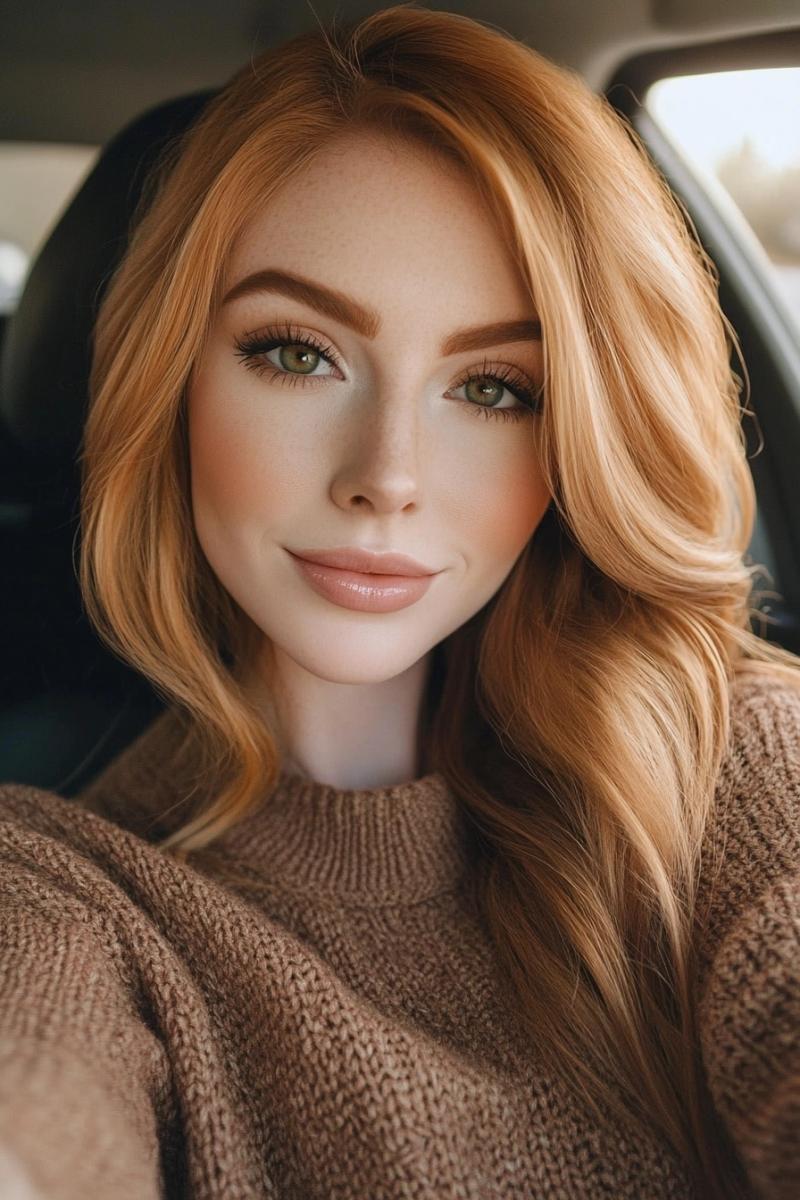 Long layered strawberry blonde hair with soft waves