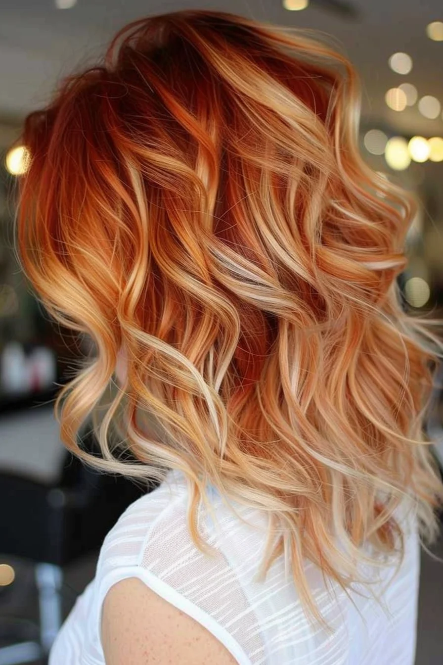 Layered strawberry blonde hair with vibrant curls