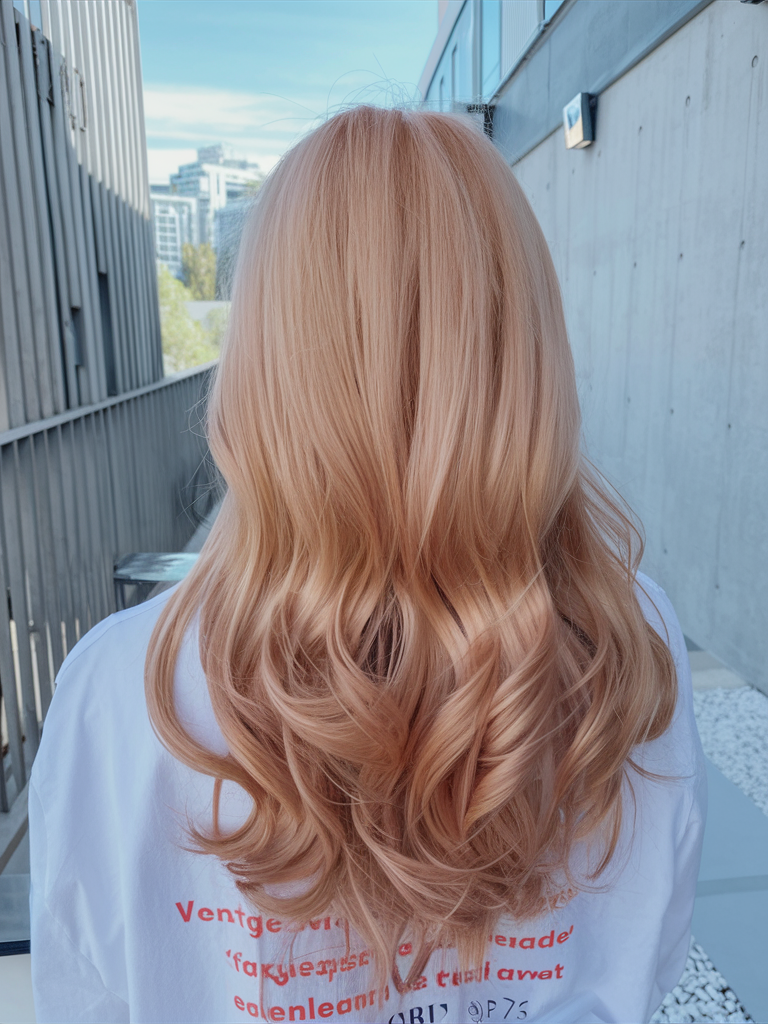 Glossy strawberry blonde hair with pink undertones
