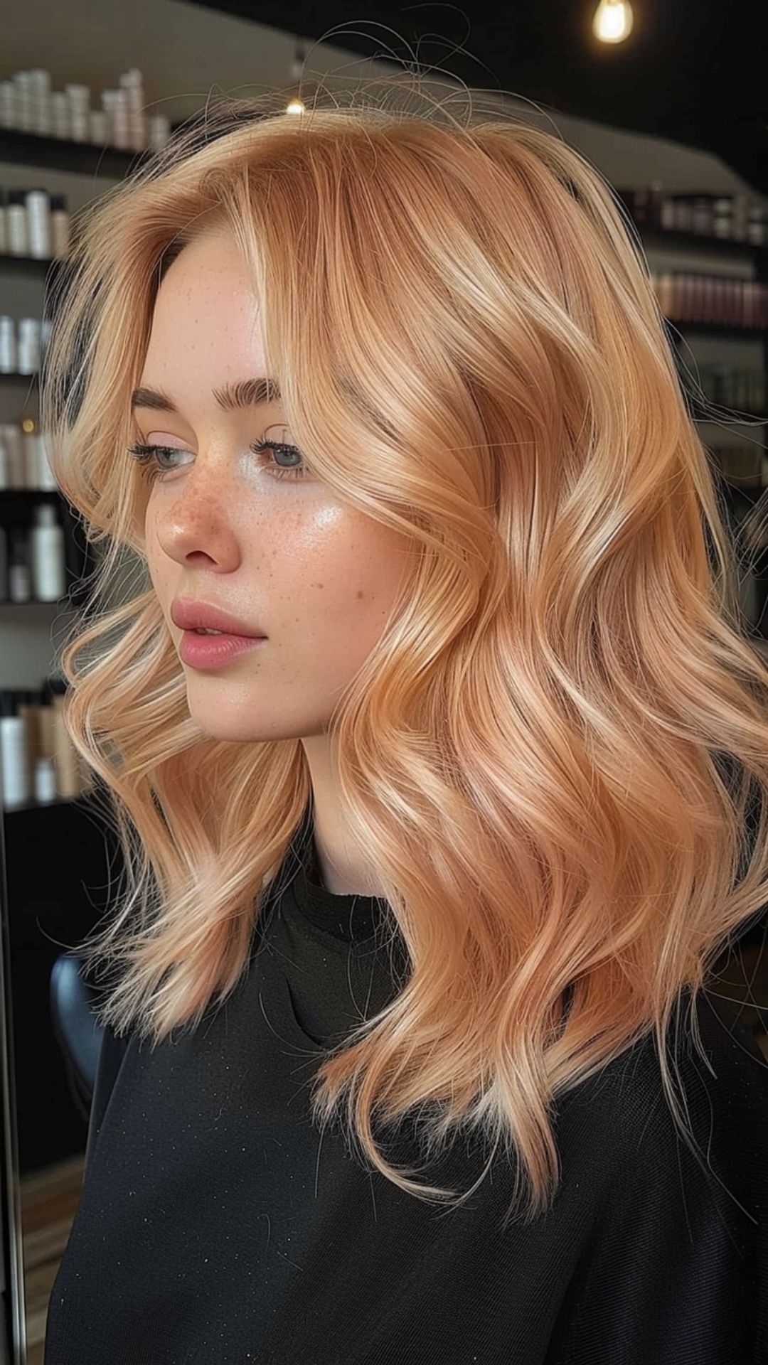 Soft peach waves in mid-length hair