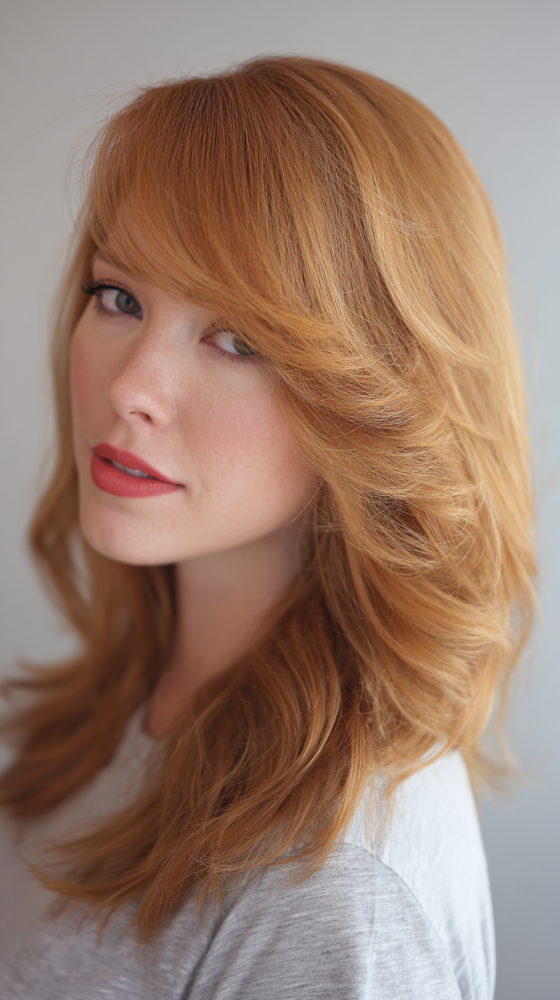 Layered strawberry blonde hair with side part