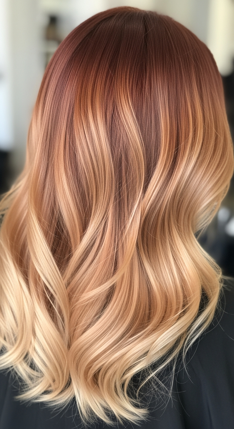 Soft ombre hair with strawberry blonde highlights