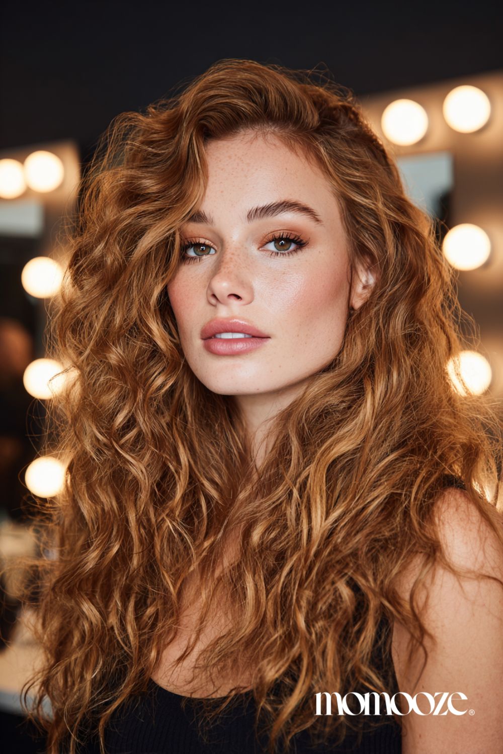 Defined curls with strawberry blonde color