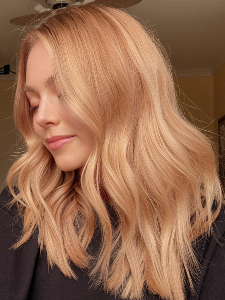 Soft peach waves in medium-length hair