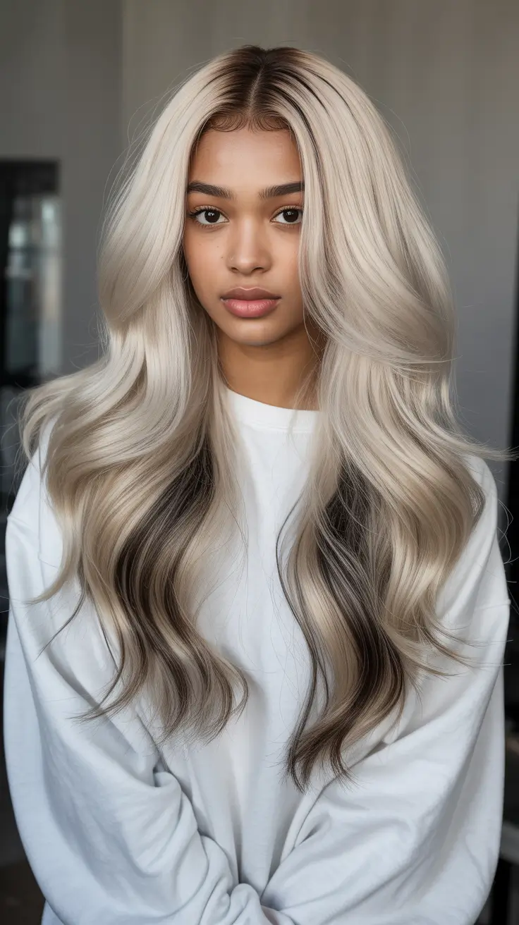 Silver blonde waves with dark roots