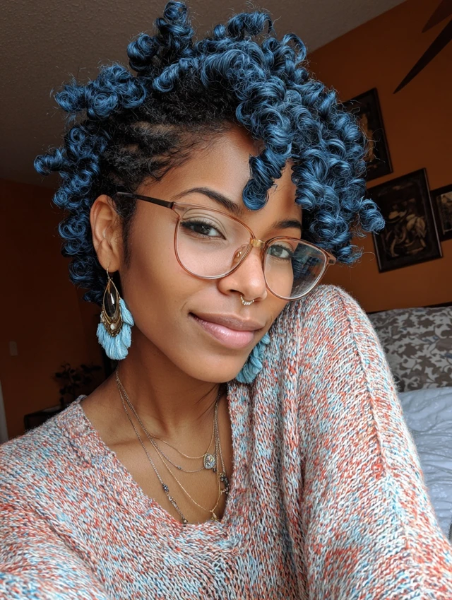 Short blue twist braids with curls