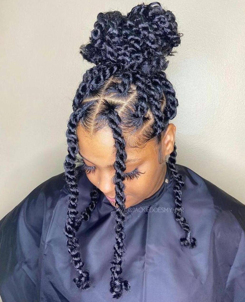Top knot with loose front twists
