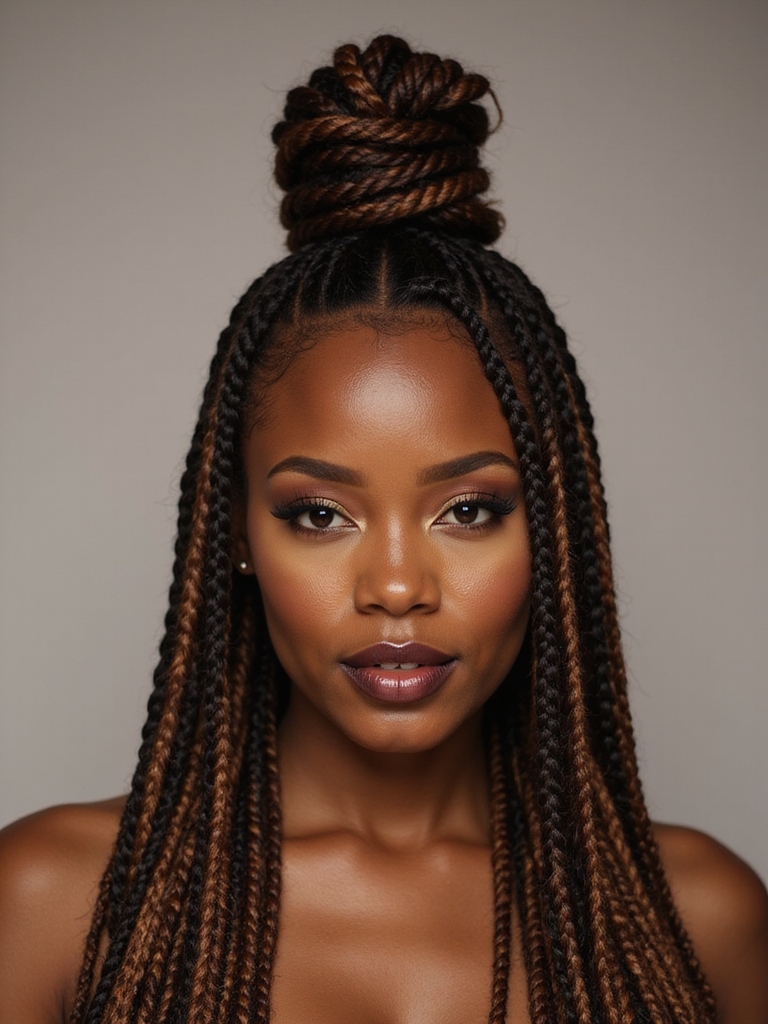 High bun with brown twist braids