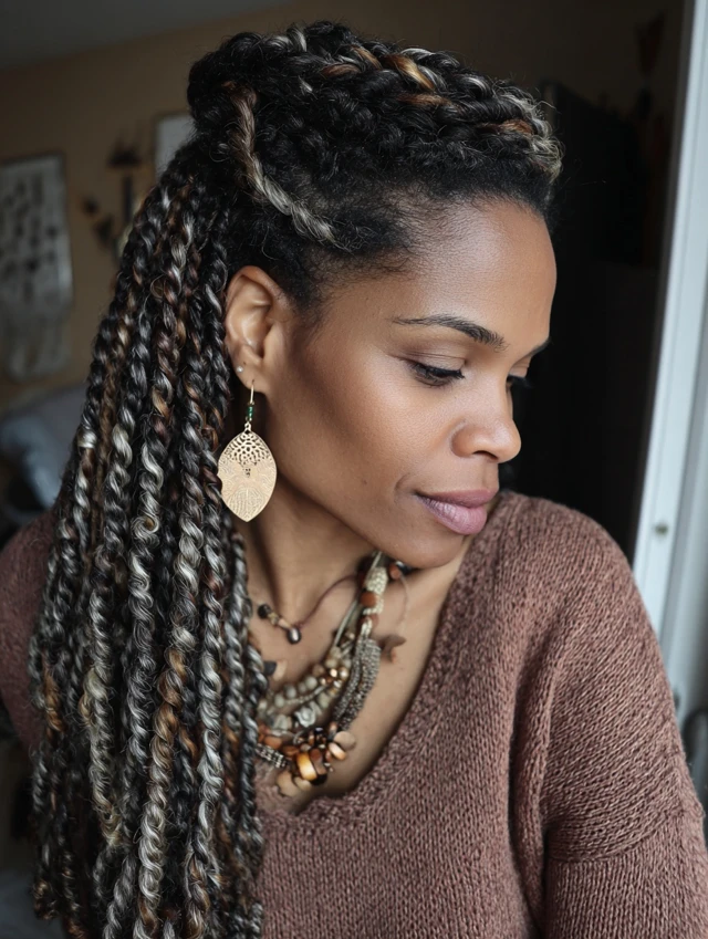 Textured twists with natural highlights