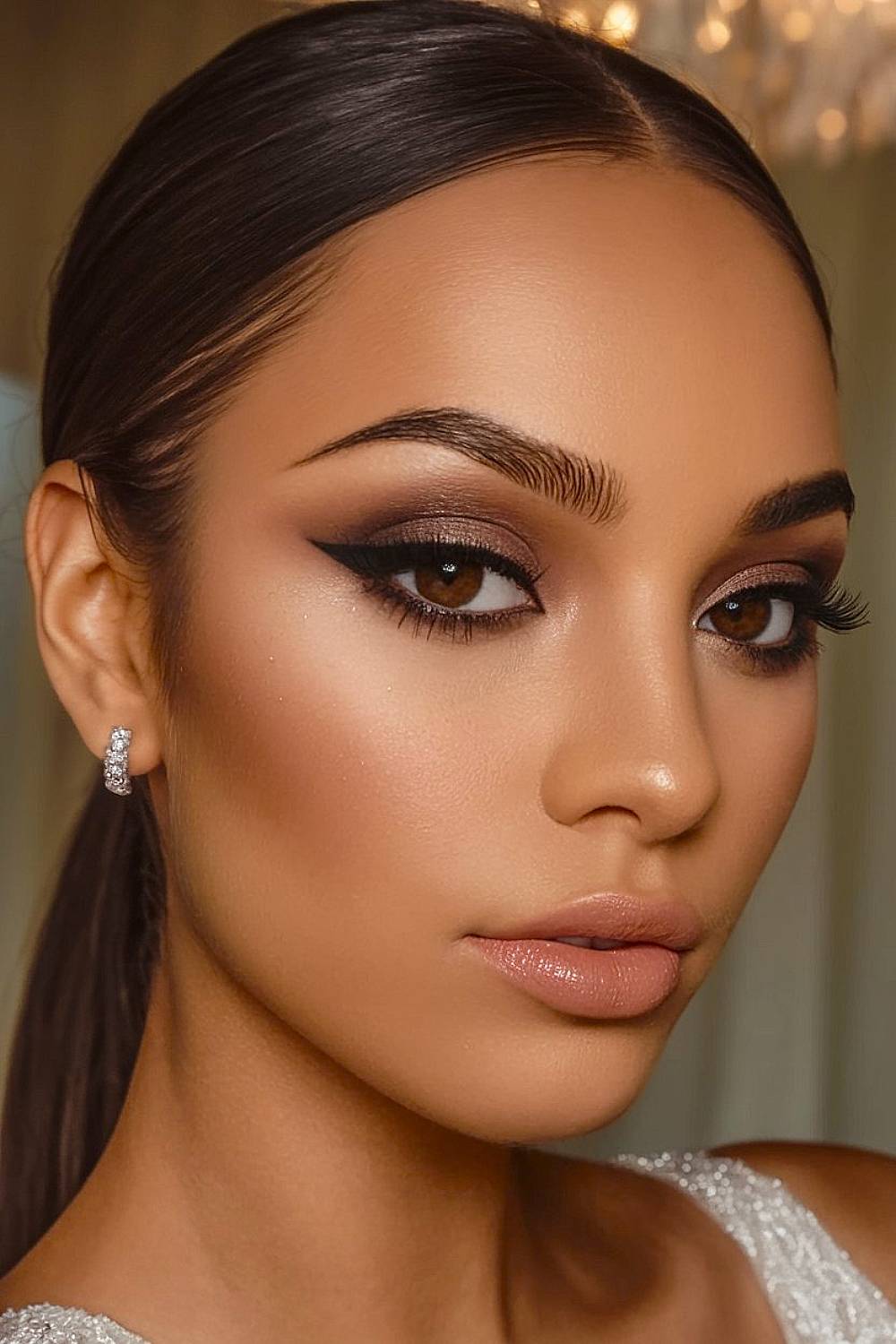 Defined contouring with winged liner and nude lips