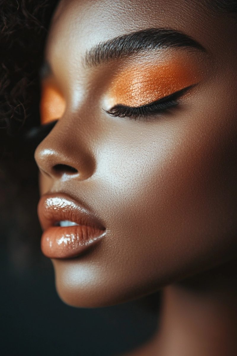 Warm orange eyeshadow with glossy lips and smooth skin