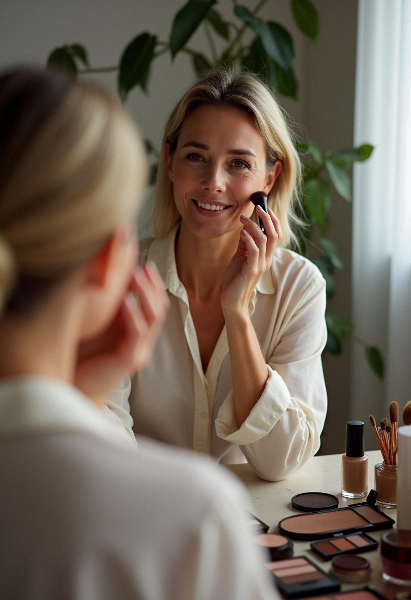 Natural makeup with soft blush and simple eyeshadow