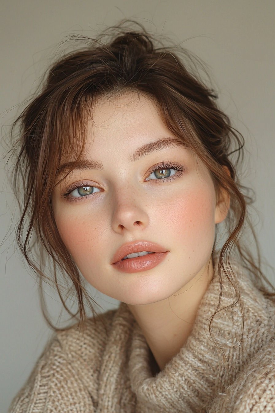 Peach blush and lips with natural skin