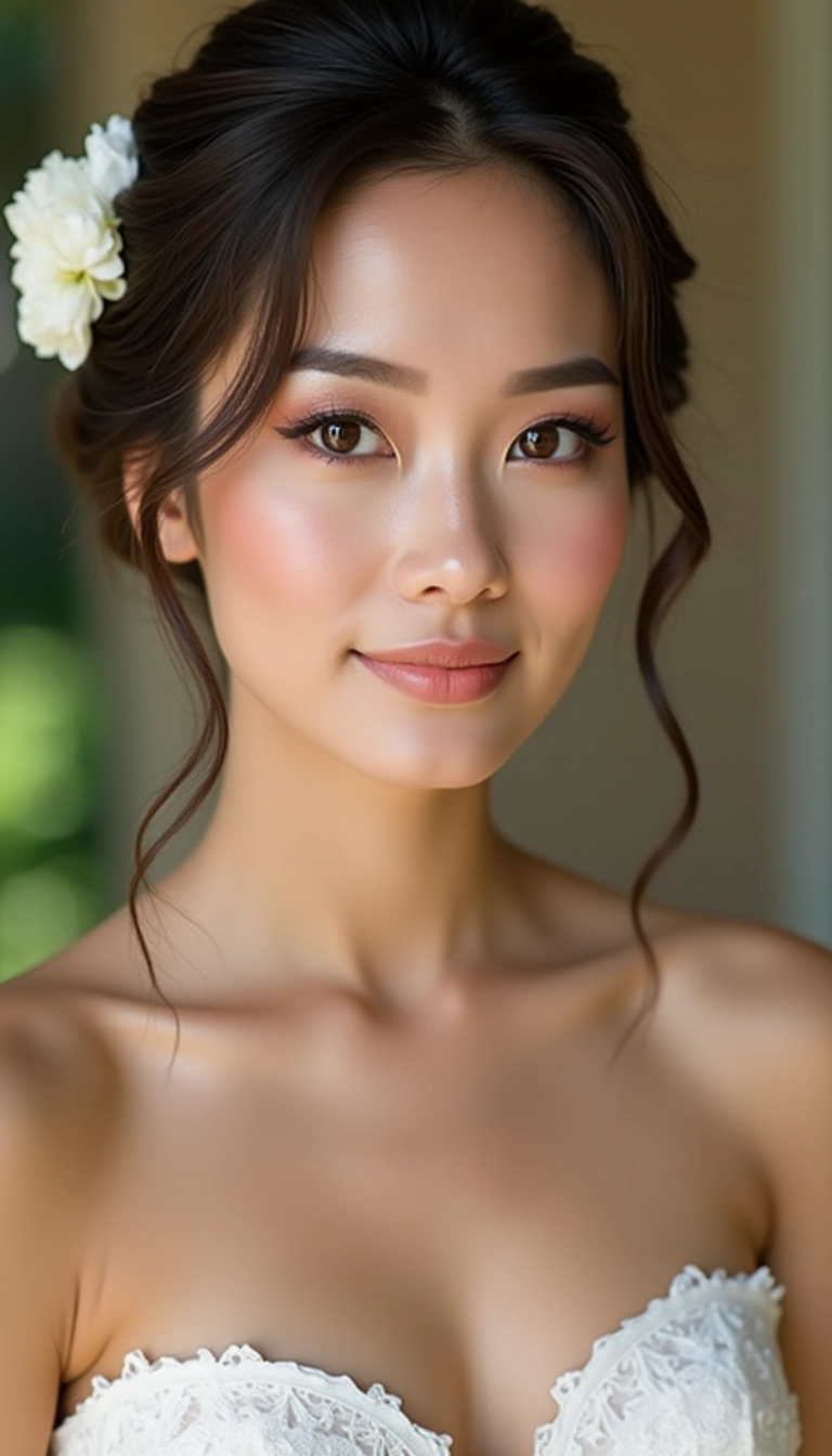 Blush pink bridal makeup with soft curls