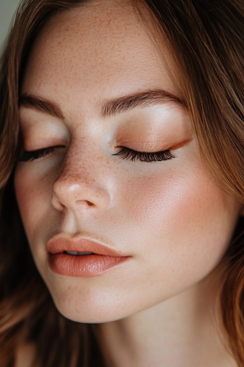 Natural freckles with soft makeup and glossy lips