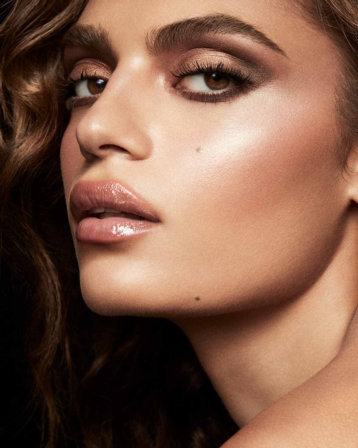Bronze eyeshadow with glossy lips