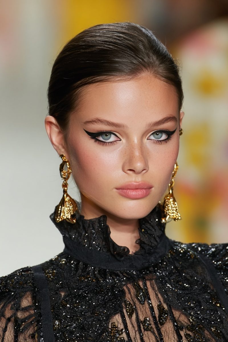 Elegant cat-eye with golden earrings