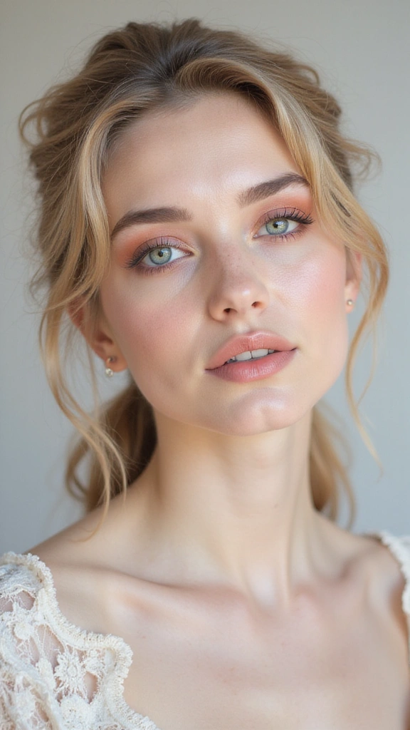 Soft peachy makeup with romantic glow