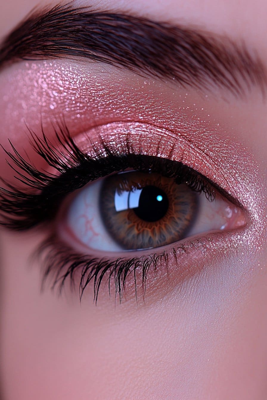 Shimmery pink eye makeup close-up