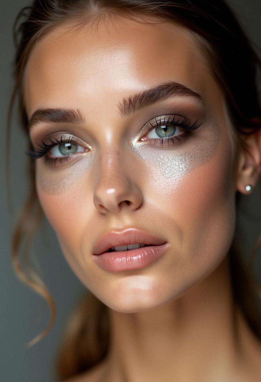 Soft, glowing makeup with highlighted cheeks