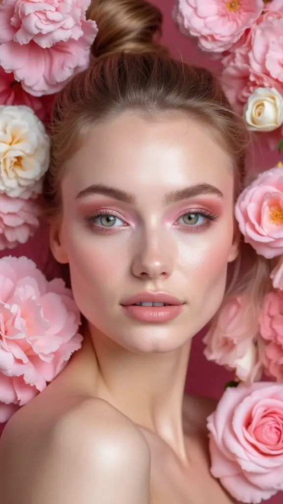 Soft pink eye makeup with floral inspiration