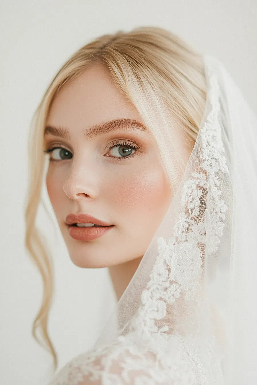 Soft bridal makeup look with lace veil