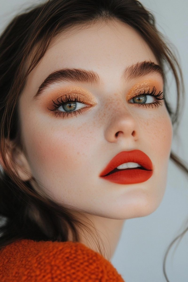 Bold glamour makeup with gold eyeshadow and red lips