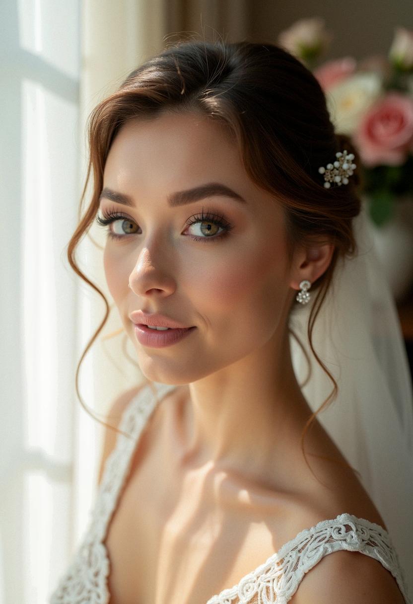 Classic bridal makeup with soft glow and floral accents