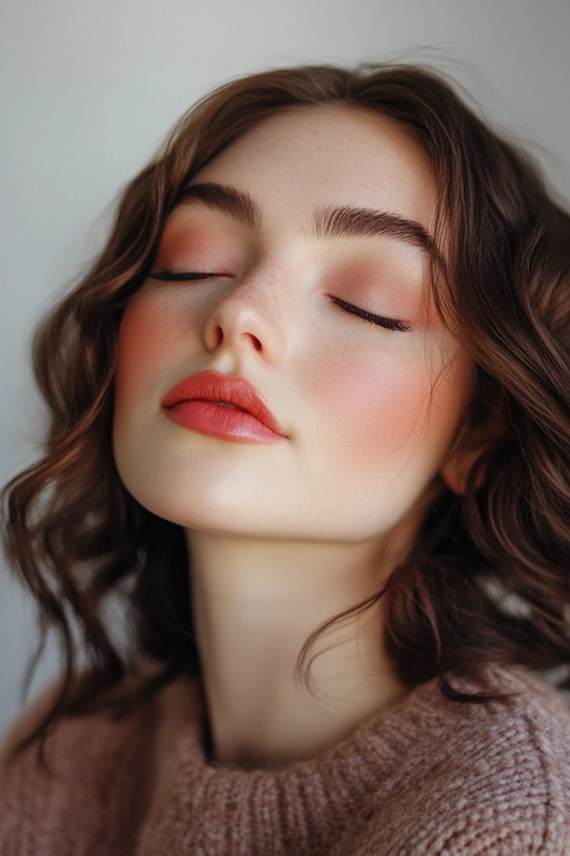 Soft glam with peach blush and lips