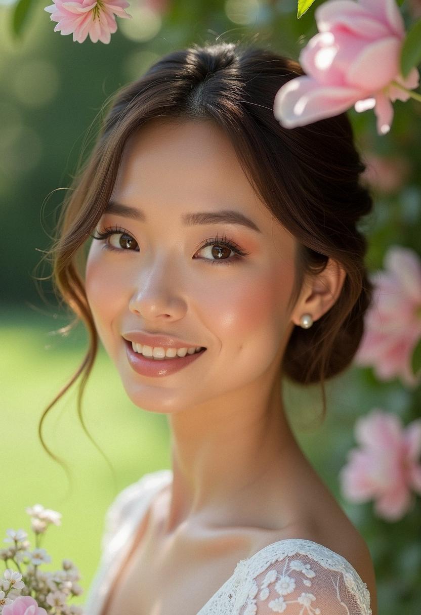 Floral bridal makeup with soft pinks
