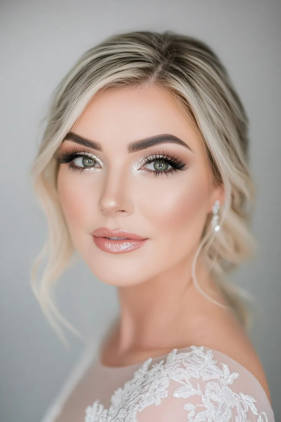 Subtle bridal makeup with shimmer
