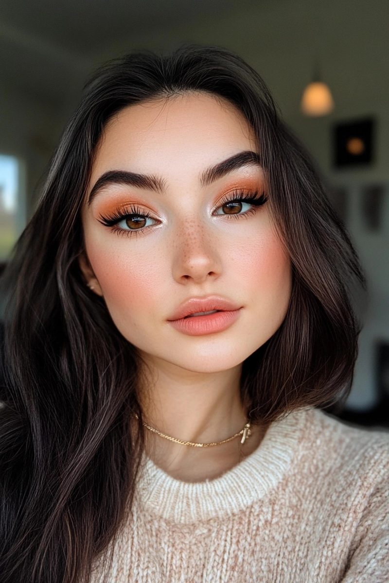 Coral blush and soft eyeshadow