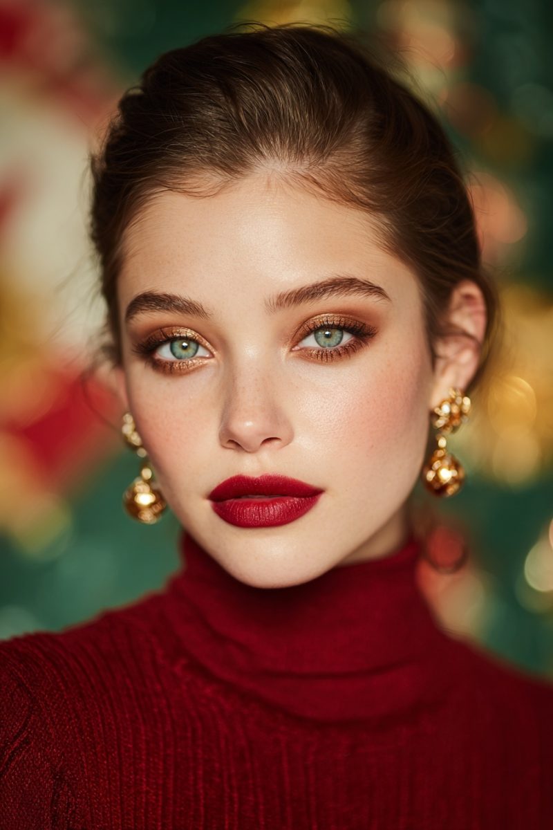 Red lipstick with warm eye makeup and slight green accent