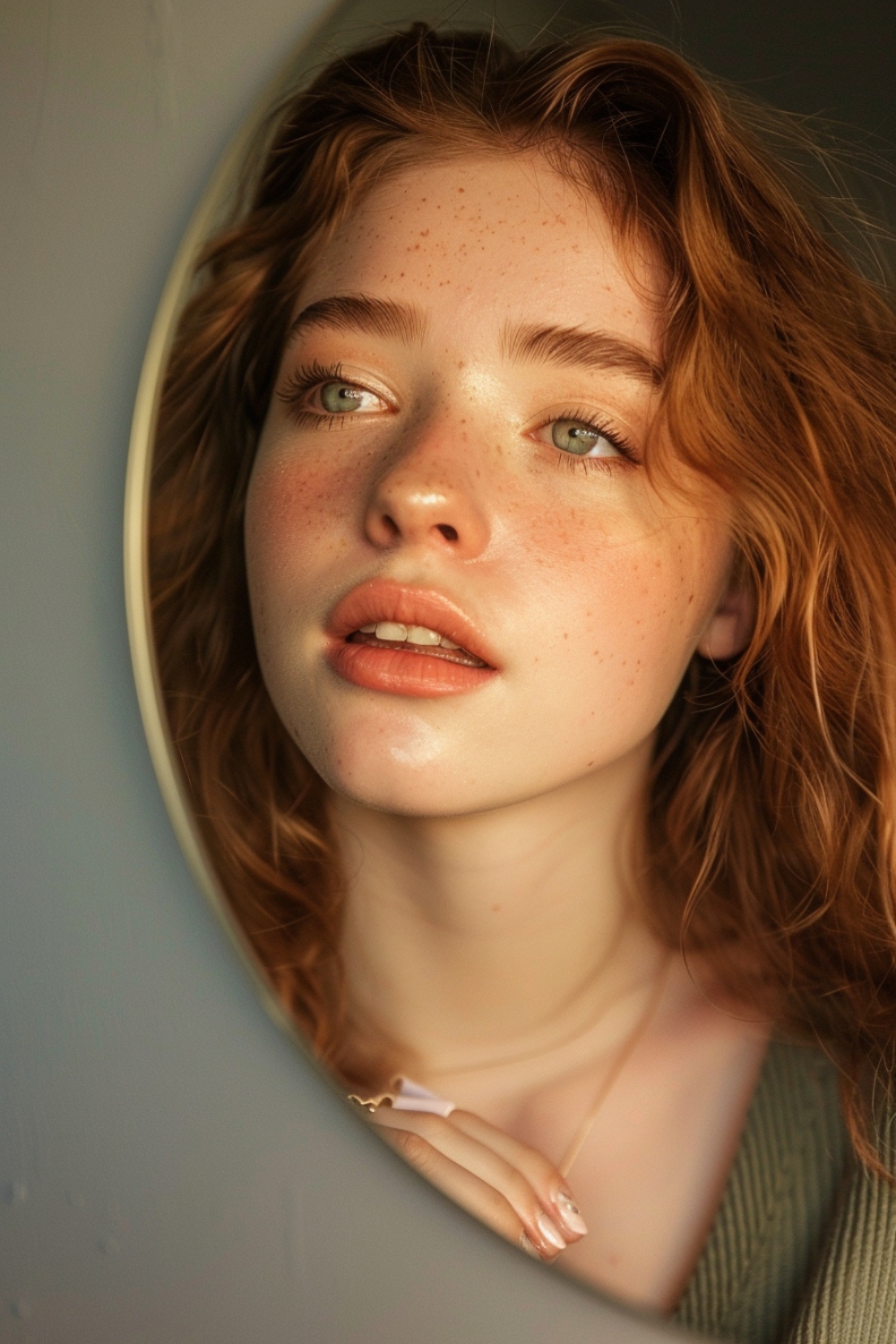 Soft green makeup with freckled skin and natural lips