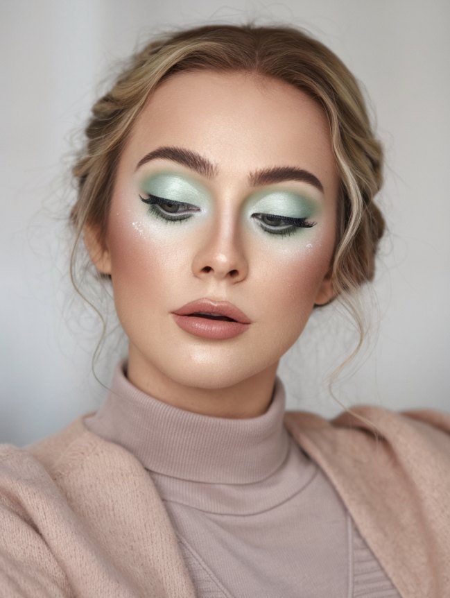 Pastel mint green eye shadow with soft pink lips
